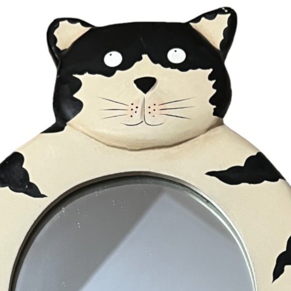 CAT MIRROR Wooden Kitten Hanging Handheld Black & White 12" tall x 7" wide Frame - Picture 2 of 7